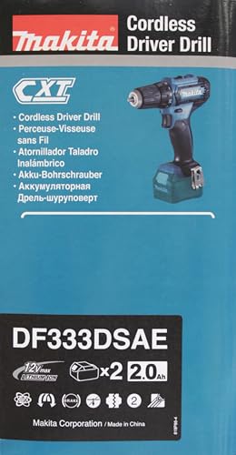 Makita DF333DSAE Akku-Bohrschrauber 12 V max. / 2,0 Ah, 2 Akkus + Ladegerät im Transportkoffer, Schwarz, Blau