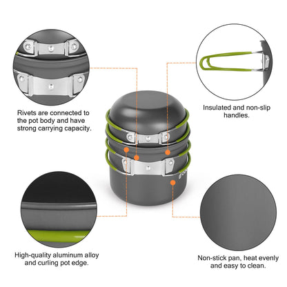 Odoland Camping Geschirr Set 16 PCS, 2 Personen, Aluminium & Edelstahl, Outdoor