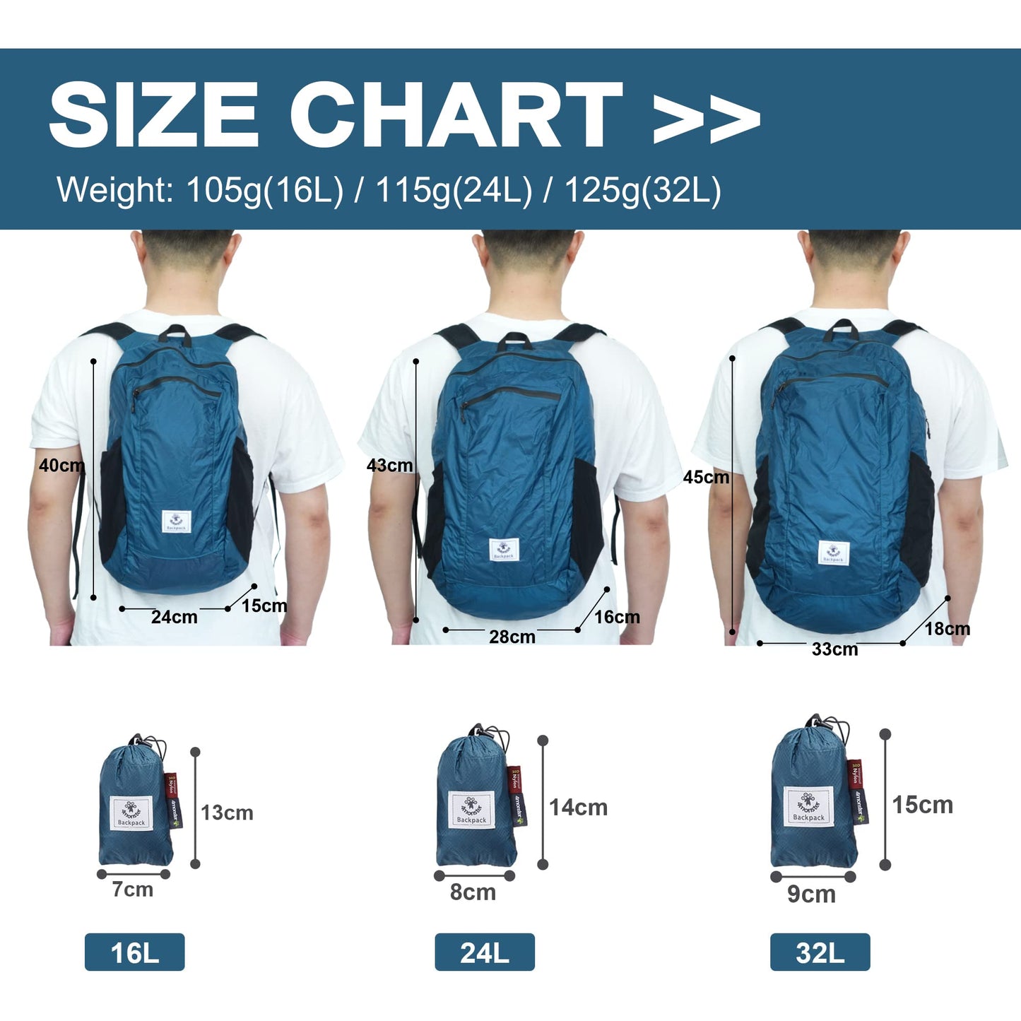 4Monster Faltbarer Rucksack 16 L, Ultraleicht, Outdoor, Wandern, Schwarz