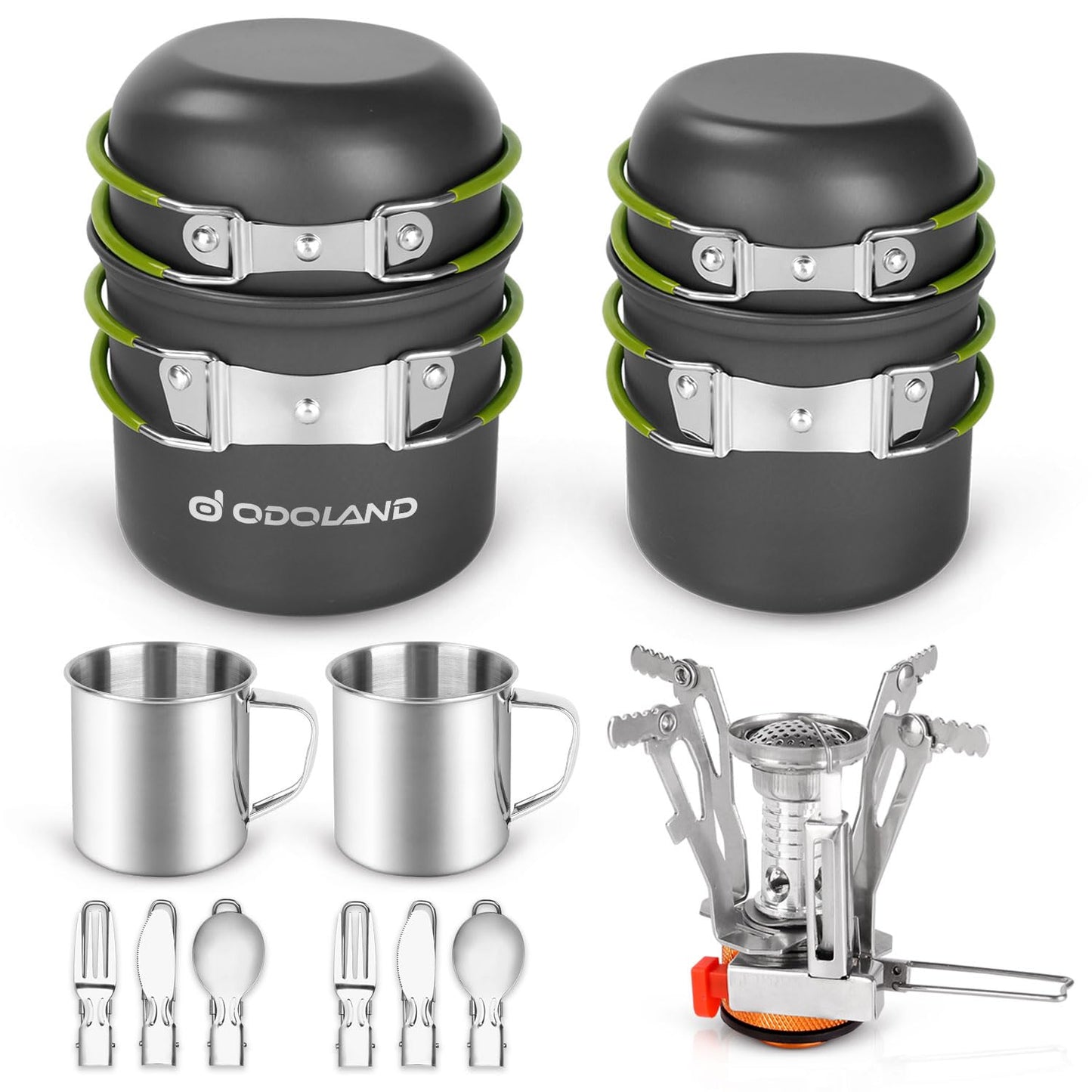 Odoland Camping Geschirr Set 16 PCS, 2 Personen, Aluminium & Edelstahl, Outdoor