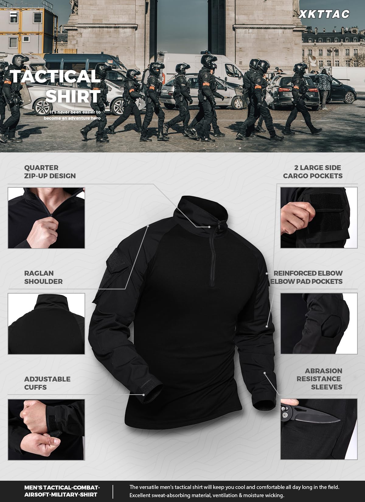 XKTTAC Tactical Combat Shirt Herren, 2‑4 Taschen, Outdoor, Militär, XL