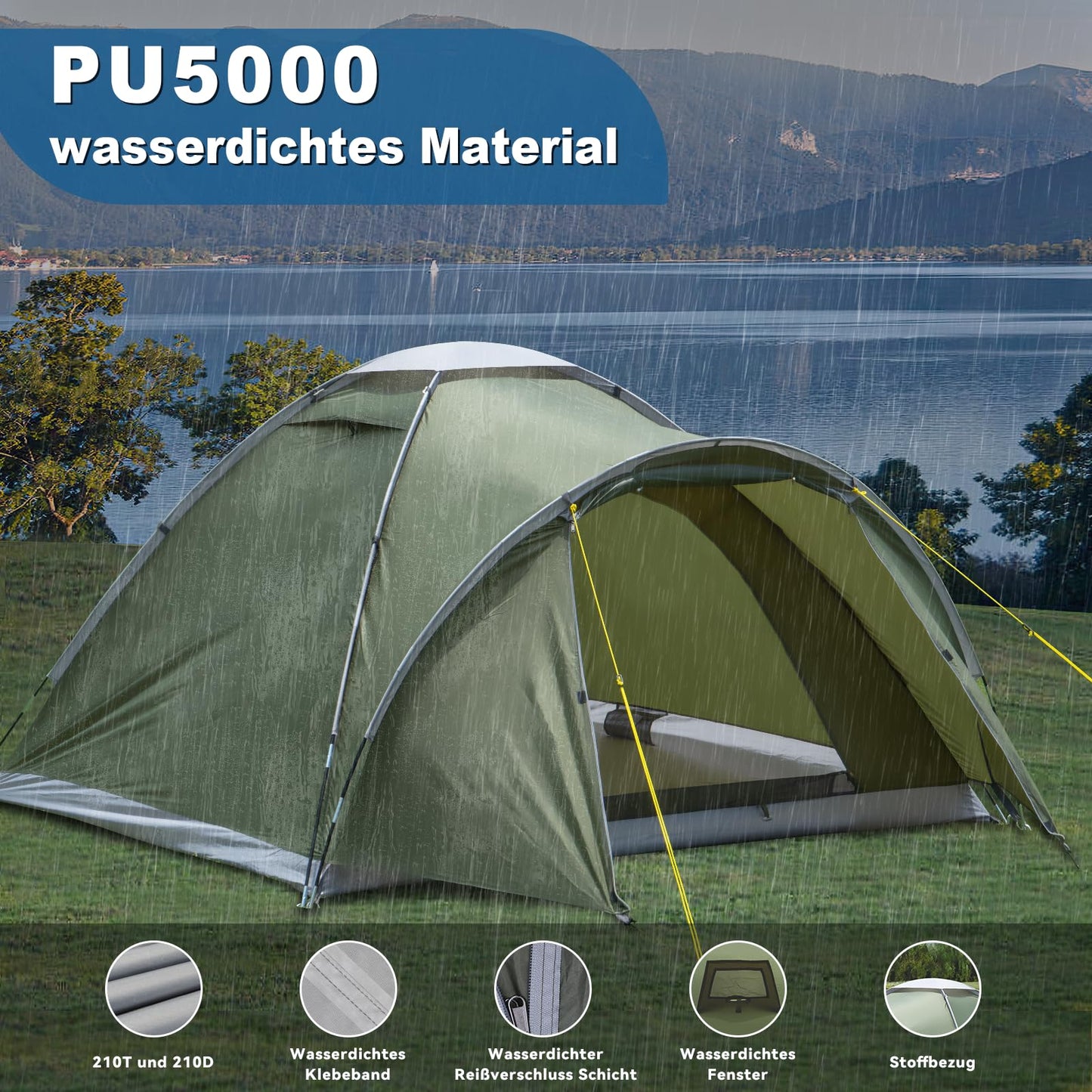 Campingzelt 2–4 Personen, PU5000 wasserdicht, Vorraum, Ultraleicht, Outdoor