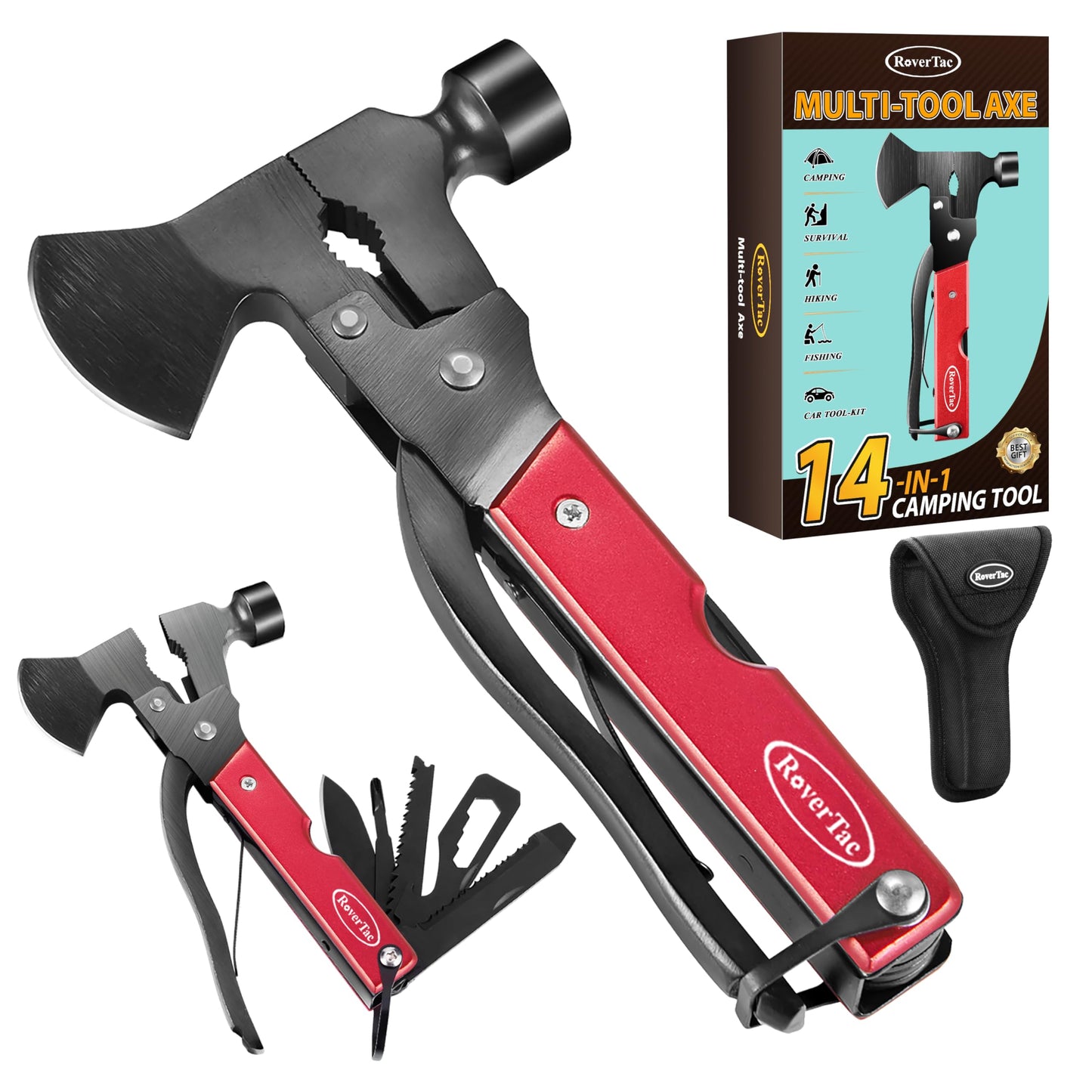 RoverTac Multitool Beil 14-in-1 Survival, Messer, Hammer, Zange, Säge